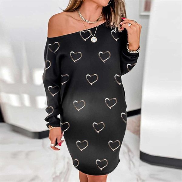 

casual dresses vintage dress women's fashion love printing long sleeve off shoulder midi robe sukienki damskie z dlugim rekawem, Black;gray
