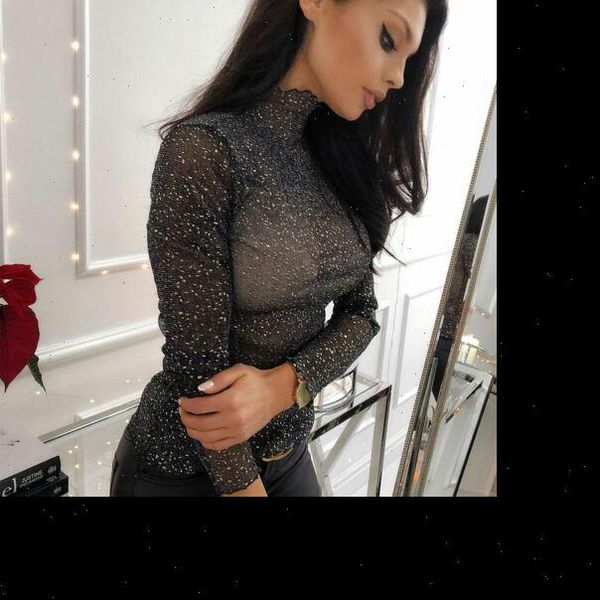 

2021 new women see through mesh paillette dot long sleeve black turtle neck blouse drop shipping, White