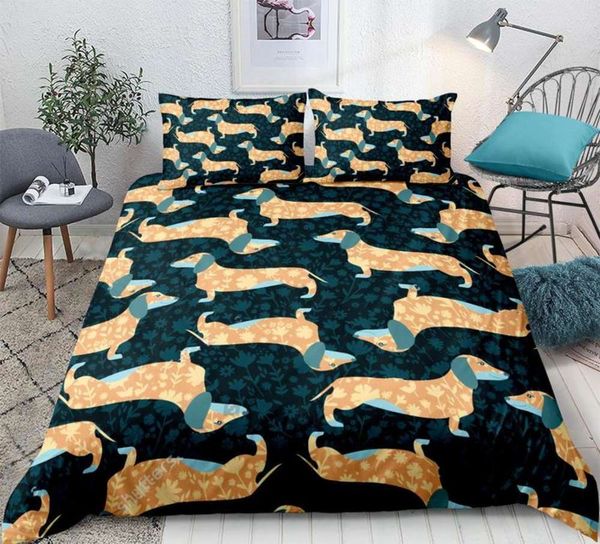 

cartoon dog kids bedding set cute dachshund sausage duvet cover set pet blue printed background bedcloth 3pcs