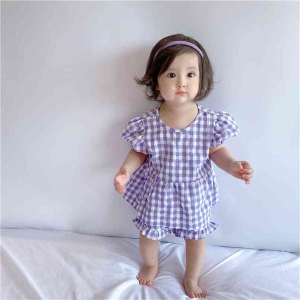 

girl baby summer suit plaid short sleeved + shorts 2 pieces set girl clothes 210702, White