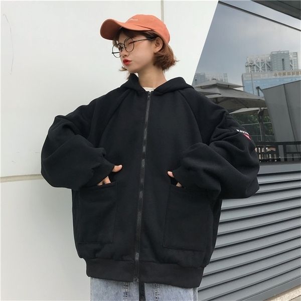 

plus size hoodies women harajuku streetwear kawaii oversized zip up sweatshirt clothing korean style long sleeve, Black