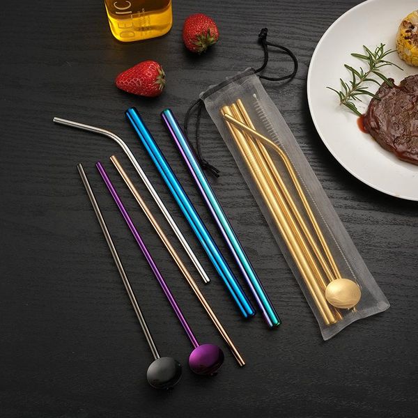 

drinking straws 304 stainless steel straw rainbow color reusable metal set with cleaner brush milk drinkware bar party accessor
