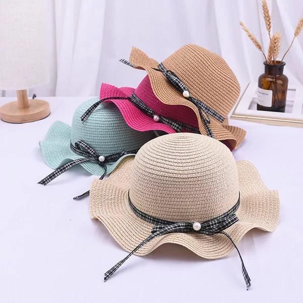 

wide brim hats straw kids ribbon pearl decoration summer cap baby sun hat for girl bucket children beach panama, Blue;gray