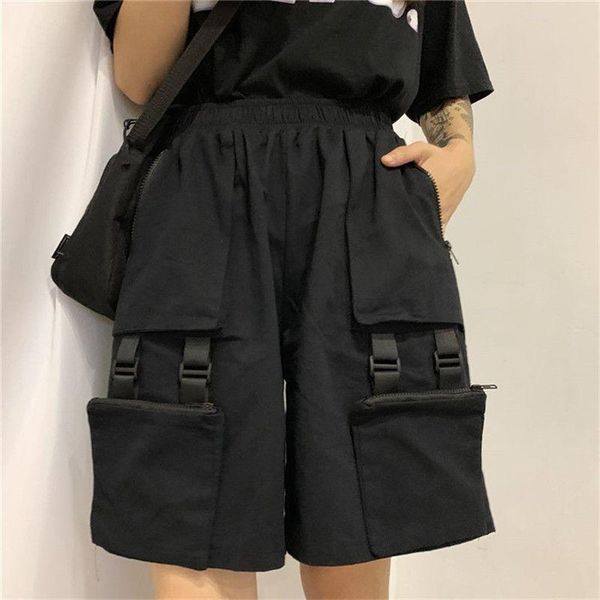 

women's shorts harajuku cargo trousers black above knee length high waist loose casual wide leg bike jogger female, White;black