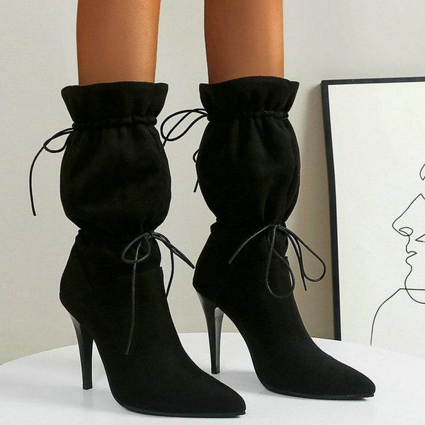 

boots 2021 stretch fabric women mid calf thin high heel pointed toe autumn winter ladies shoes big size 34-43, Black