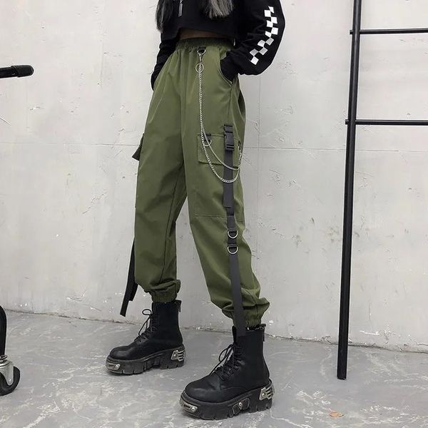 

women's pants & capris women cargo buckle ribbon pocket jogger elastic waist high hip hop streetwear harajuku pant chain trousers, Black;white