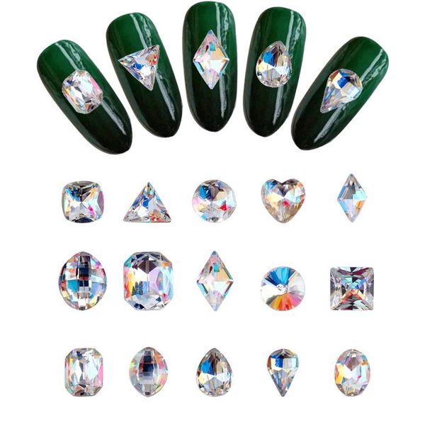 

nail art decorations 100pcs nails shiny glass rhinestone triangle/oval/rectangle/waterdrop design k9 rhinestones clear ab strass sto, Silver;gold