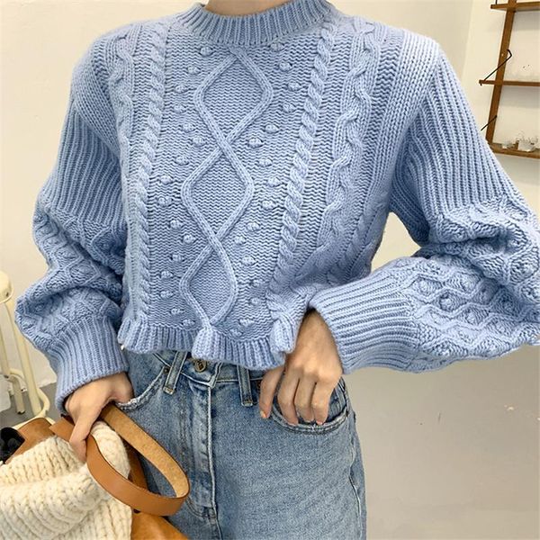 

crop lantern sleeve solid candy color knitwear women's sweaters jumper new soft warm short knitted sweater, White;black