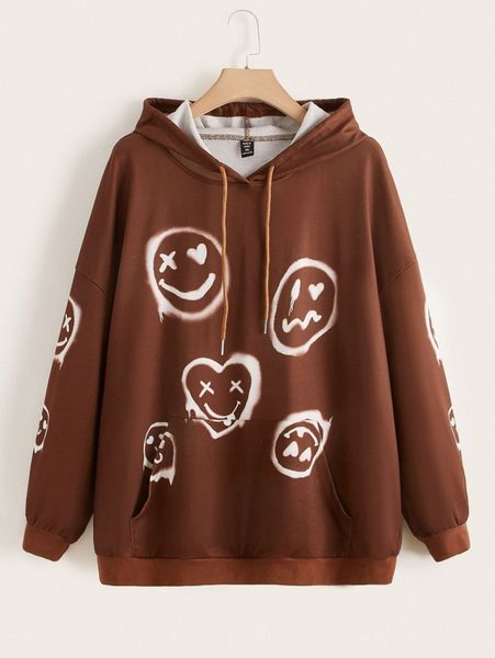 

plus cartoon face print drop shoulder drawstring hoodie e01c#, Black