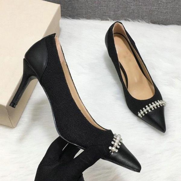 

dress shoes pointed toe heels women's singles shallow mouth banquet pearl rhinestone chain color matching black high