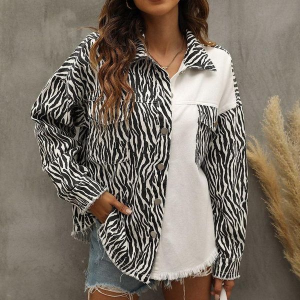 

women's jackets zebra pattern white patchwork denim jacket women loose single breasted lapel long sleeve fashion korean coat vintage 20, Black;brown