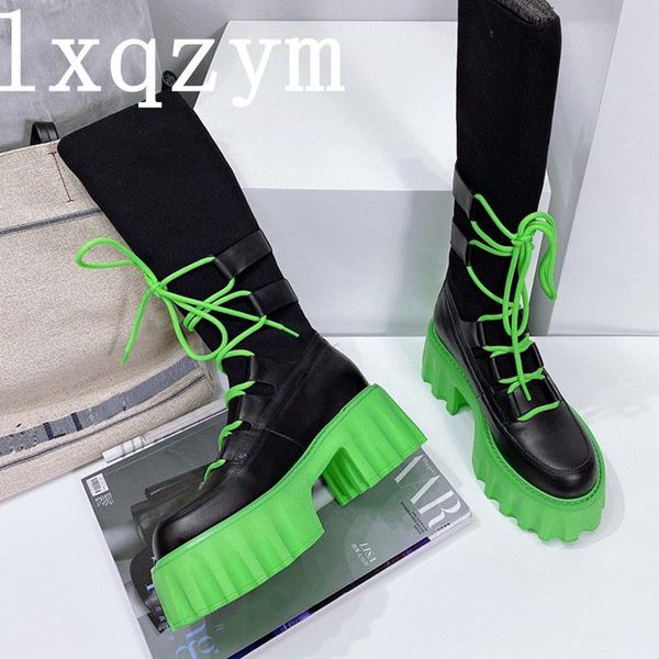 

boots motorcycle woman flat platform genuine leather lace up black combat army thick sole gothic mid-calf women
