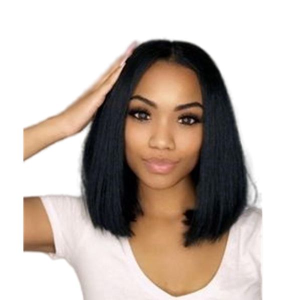 

human hair lace front wig bob 150 density brazilian short machine made wigs straight hair natural color 12 inch, Black;brown