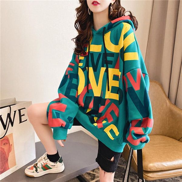 

women's hoodies & sweatshirts qrwr korean women hoodie 2021 winter casual fleece oversized loose letter printing thicken for girls, Black