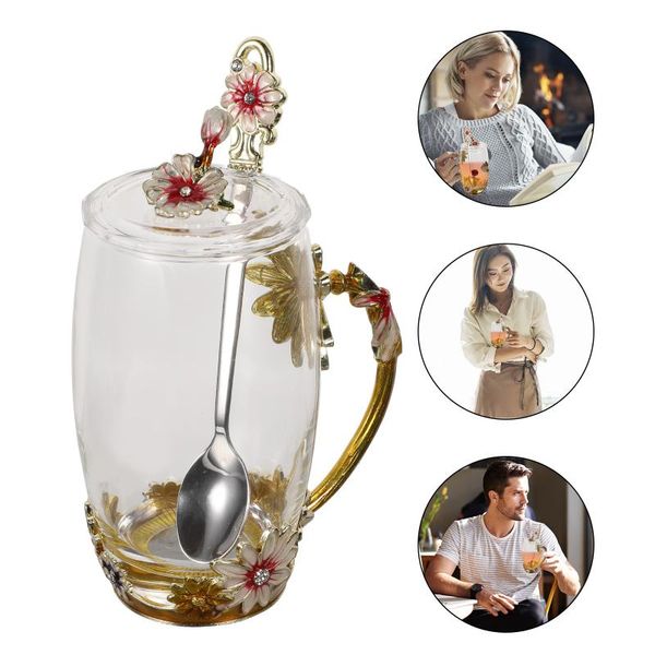 

mugs 1 set tea cup glass coffee enamel flower drinking with lid spoon