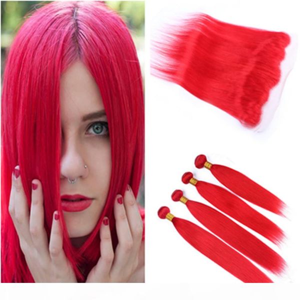

virgin peruvian human hair red color straight 4bundles and frontal closure 13x4 bright red straight full lace frontal with weave wefts, Black;brown