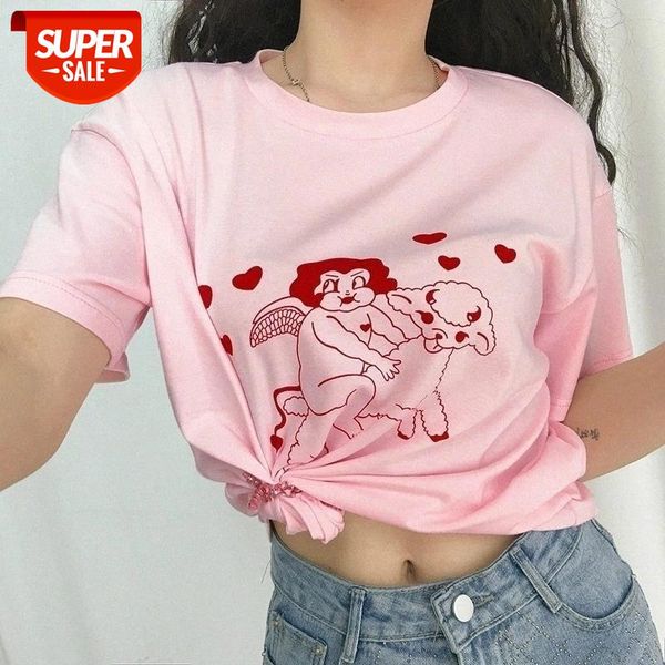 

sunfize HJN Cherub Lamb T-shirt Female Angel T Shirt Girl Powder Age-reducing Printed T-shirt #Mc0p, White