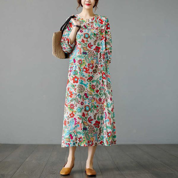 

2021 autumn chine style cotton linen printed loose stand collar long sleeve improved cheongsam a-shaped drs for women, Black;gray
