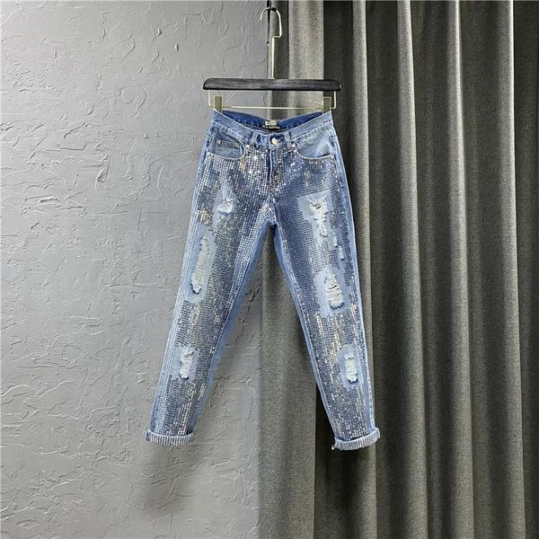 

women's jeans trousers 2021 summer/autumn heavy sequins blue ripped streetwear women hole denim pants plus size jean femme