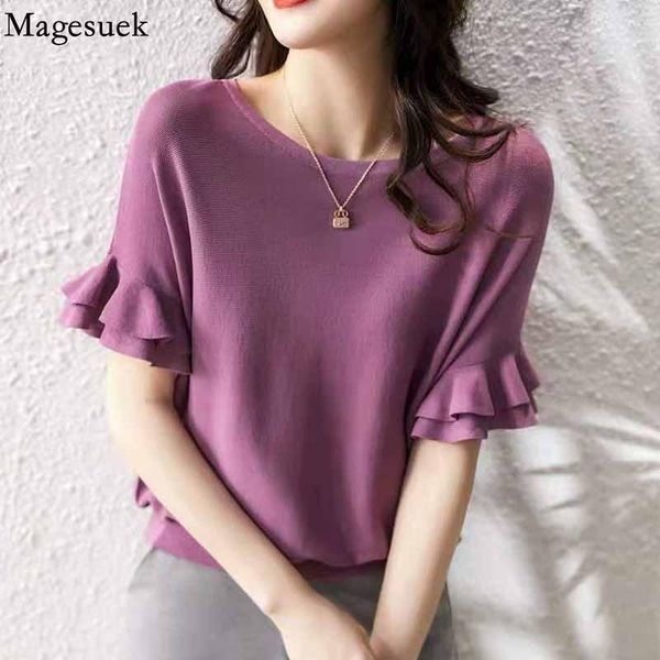 

women's blouses & shirts elegant ruffle knitted shirt fashion butterfly sleeve blouse women plus size 2021 summer purple thin loose blu, White