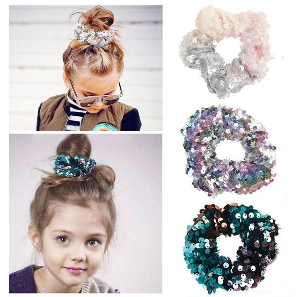

19 styles reversible sequin children hairband princess hair tie charm elastic scrunchie ponytail mermaid holder, Slivery;white