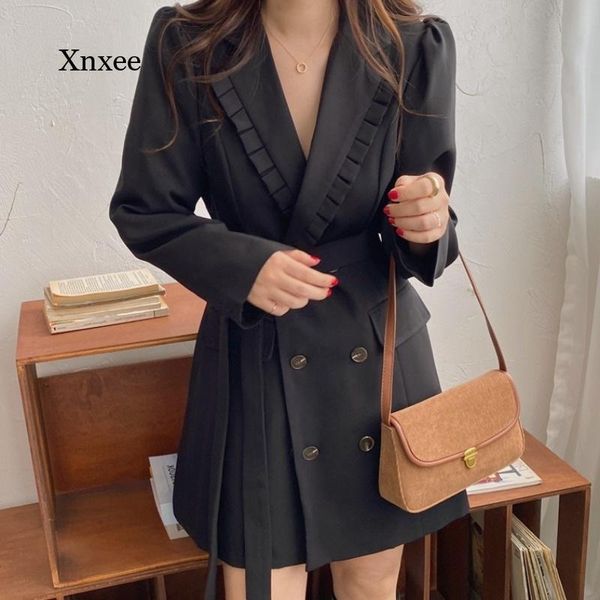 

women's suits & blazers autumn deep v-neck slim long suit solid color jacket chic long-sleeved double-breasted blazer dress, White;black