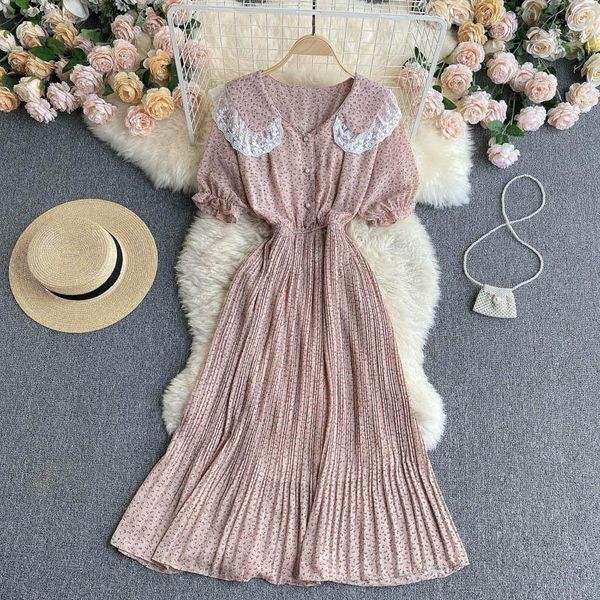 

party dresses singreiny french sweet floral dress women lace turndown-collar puff sleeve a-line summer boho print chiffon pleated, White;black