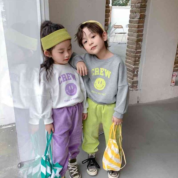 

spring kids clothing set boys and girls letter printed sweater corduroy carrot pants 2 pcs, White