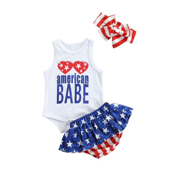 

clothing sets 3pcs baby independence day outfit, letter print sleeveless romper + star stripe pantie hairband for toddler girls, White