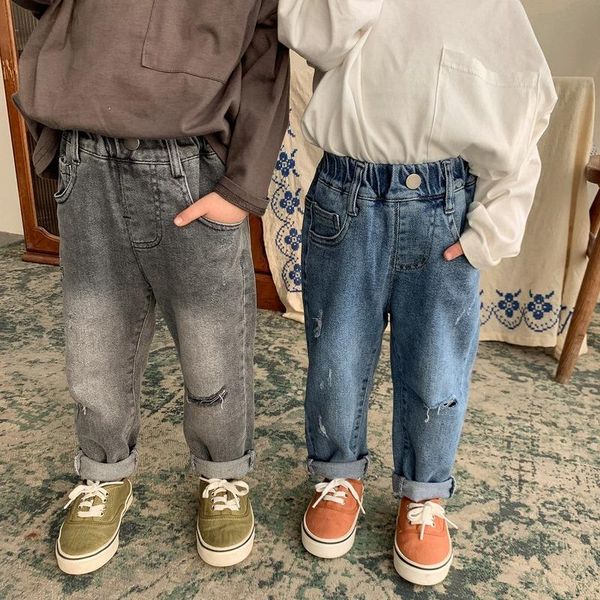 

children pants spring boys and girls elastic jeans broken hole fashion cotton denim pant 2021 new loose straight pants baby, Blue