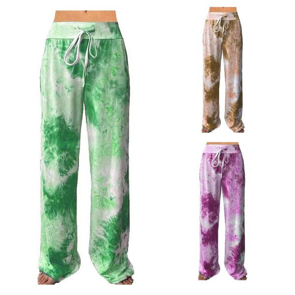 

yoga outfit harajuku women tie-dye sweatpants pants pocket casual elastic tie wide-leg vintage wide leg pantalons capris#30