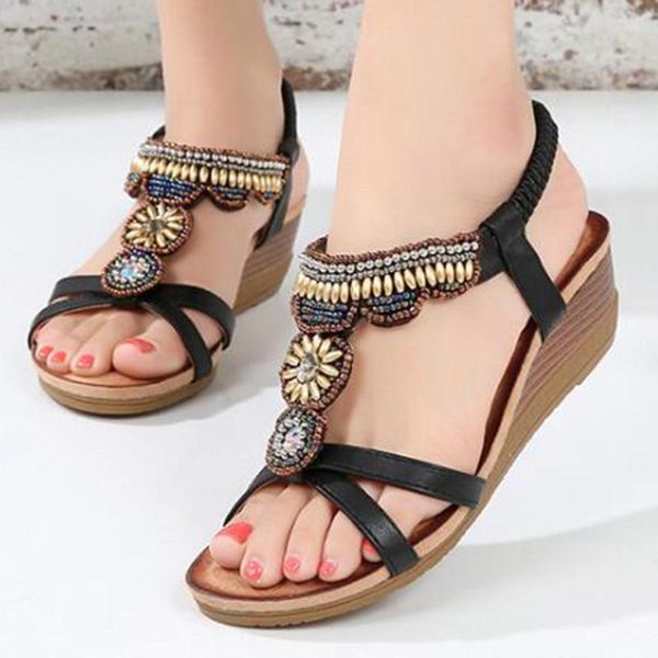 

womens sandals summer bohemia wedge shoes rhinestone gladiator rome ladies beach shoes casual elastic band female sandals qq275, Black