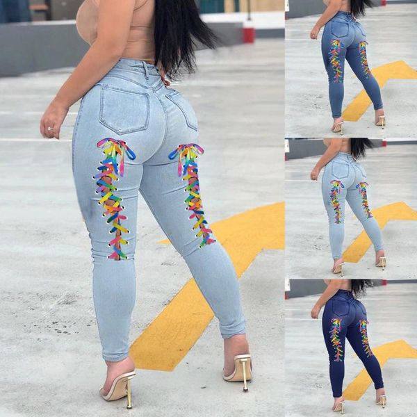 

women's jeans skinny ladies color striped straps fashion casual slim has elastici denim calf pants pantalones de mujer, Blue