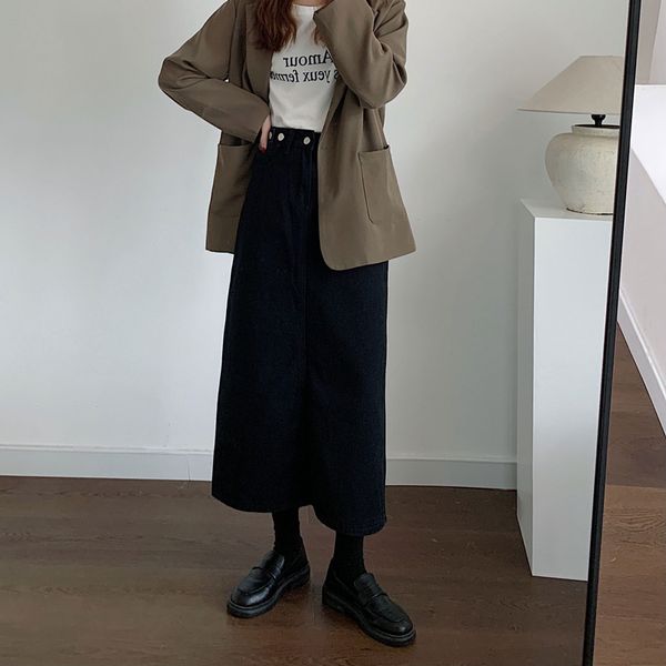 

new 2021 spring summer women vintage denim midi wrap high waist sheath jeans skirts v0ma, Black