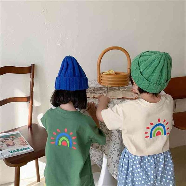 

summer kids t shirt rainbow print solid cotton o neck short sleeve clothes for boys and girls, Blue