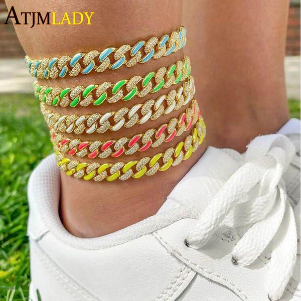 

anklets classic enamel colorful cuban chain anklet for women summer beach gold color iced out bling cz paved foot jewelry, Red;blue