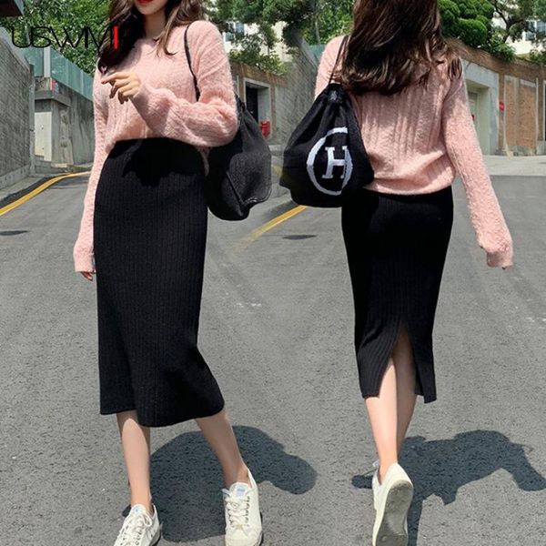 

skirts women skirt winter fashion outwear leisure knitted solid color vintage elastic waist comfort warm female, Black
