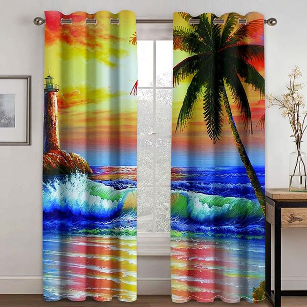 

curtain & drapes 3d blue sea vacation dusk landscape pattern blackout set, suitable for home curtains in the living room and bedroom
