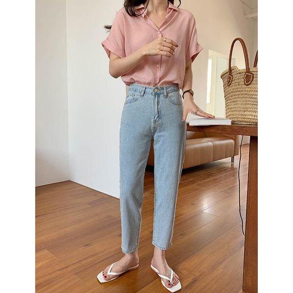 

women's jeans thin tall waist pure color wash female 2021 summer han edition 11628 straight canister nine minutes of pants, Blue