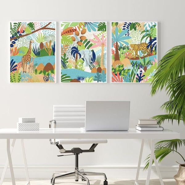 

paintings tropical plants giraffe elephant leopard jungle wall art posters and prints canvas painting decorative pictures for living room