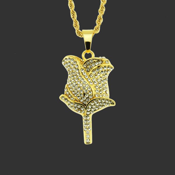 

amulet neck pendants accessories diamond inlaid three-dimensional rose pendant necklace men's nightclub, Silver