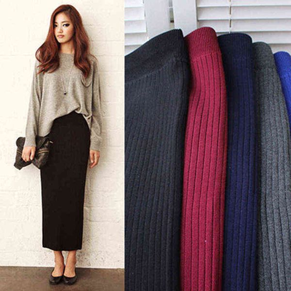 

autumn knitted skirt women high waist pencil skirts winter warm package hip elastic split long skirt women's faldas mujer 211120, Black