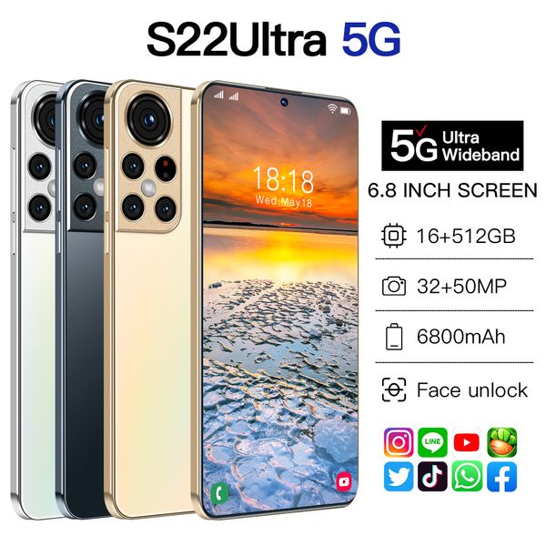 

s22ultra 6.8 inch smart phone android 11.0 12gb ram 512gb rom 6800mah big battery deca core cpu mobile phone 24+48mp rear cameras