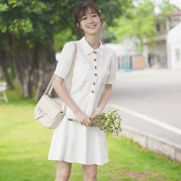 

casual dresses chic khaki 2021 summer college style mid-length dress waist trimming short-sleeved shirt collar white for, Black;gray