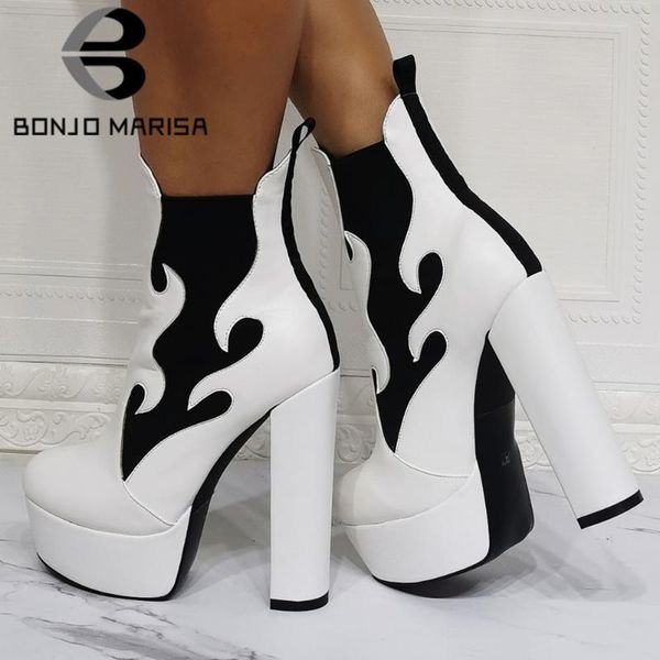 

boots bonjomarisa big size 47 brand platform high heels ankle flame design round toe party dress trendy stylish women' shoes, Black