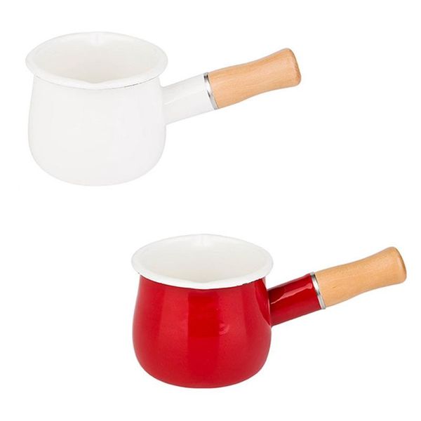 

enamel milk pot with wooden handle,mini milk&coffee non-stick saucepan cookware for baby breakfast,500ml