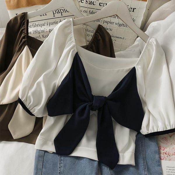 

women's blouses & shirts women fashion outdoor casual puff short sleeve bow patchwork blouse ladies ol sweet girls student elegant dail, White