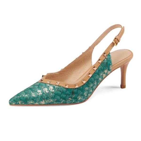 

sandals genuine leather pointed toe high heel fish pattern rivets shallow metal buckle straps summer slingback party shoes, Black