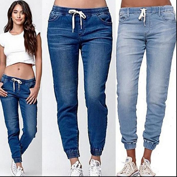 

new women summer autumn skinny middle waist ladies lantern jeans fashion casual drawstring jeans women drop shipping, Blue