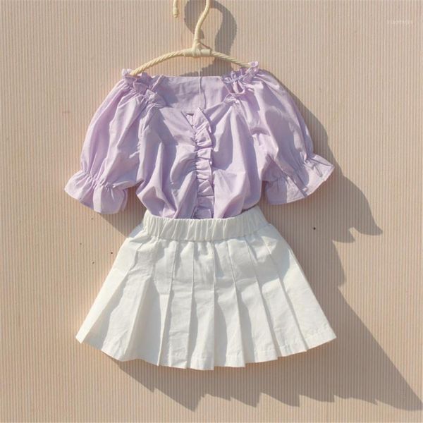 

3-16 years girls shirt cotton ruffle sleeve blouse for teenage fashion children summer purple short shirts clothes, White;black